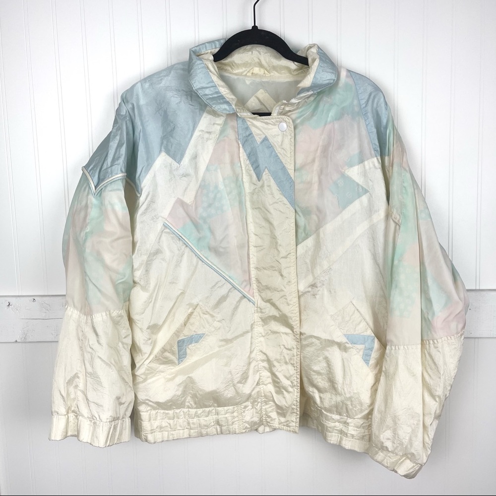 VINTAGE Pastel Quilt Print Zip Front Windbreaker Jacket